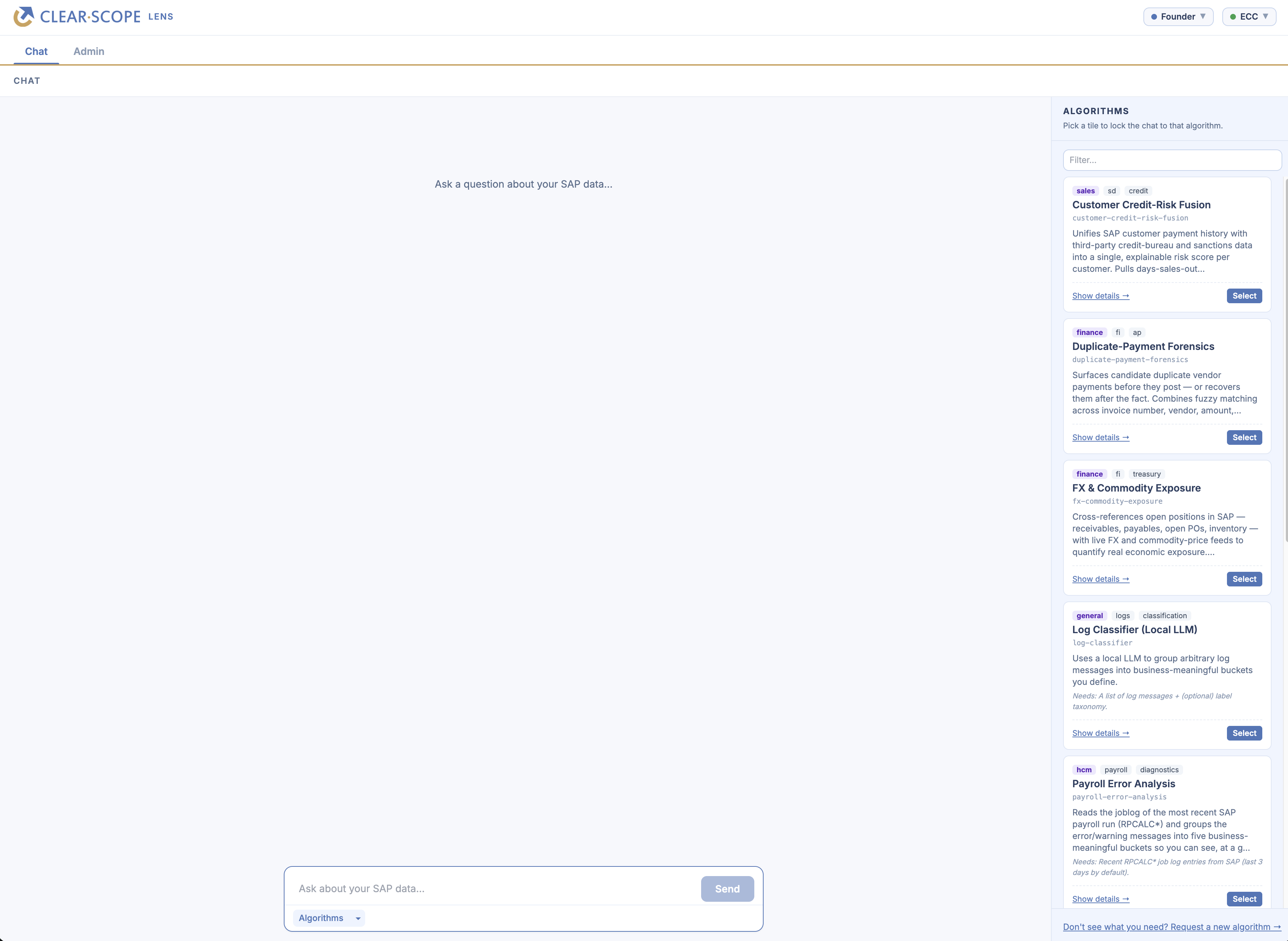 An algorithm running inside the ClearScope Lens chat — paired widget rendered alongside the conversation