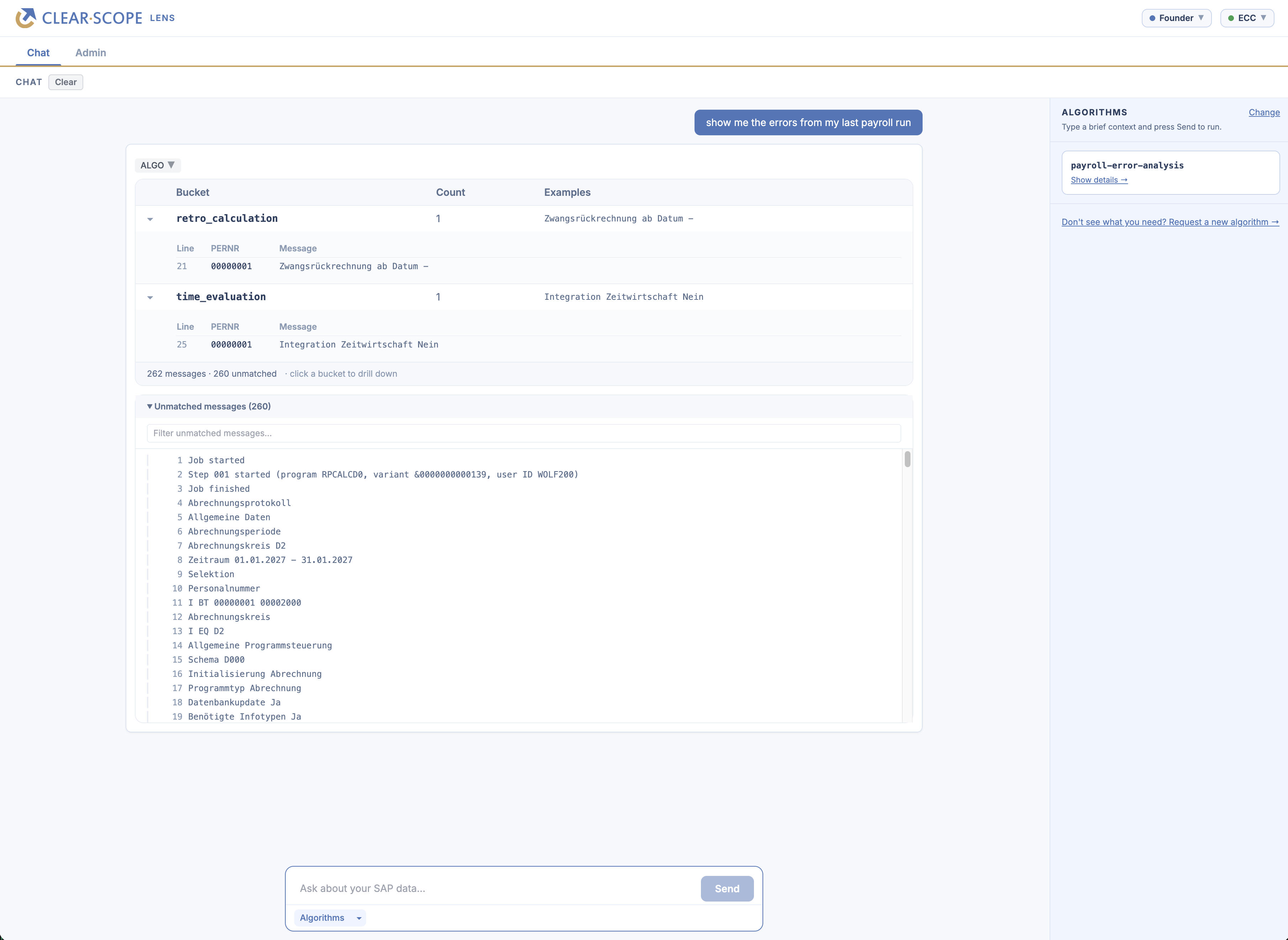 Payroll error analysis result — errors grouped into named buckets with examples and an unmatched-messages drill-down