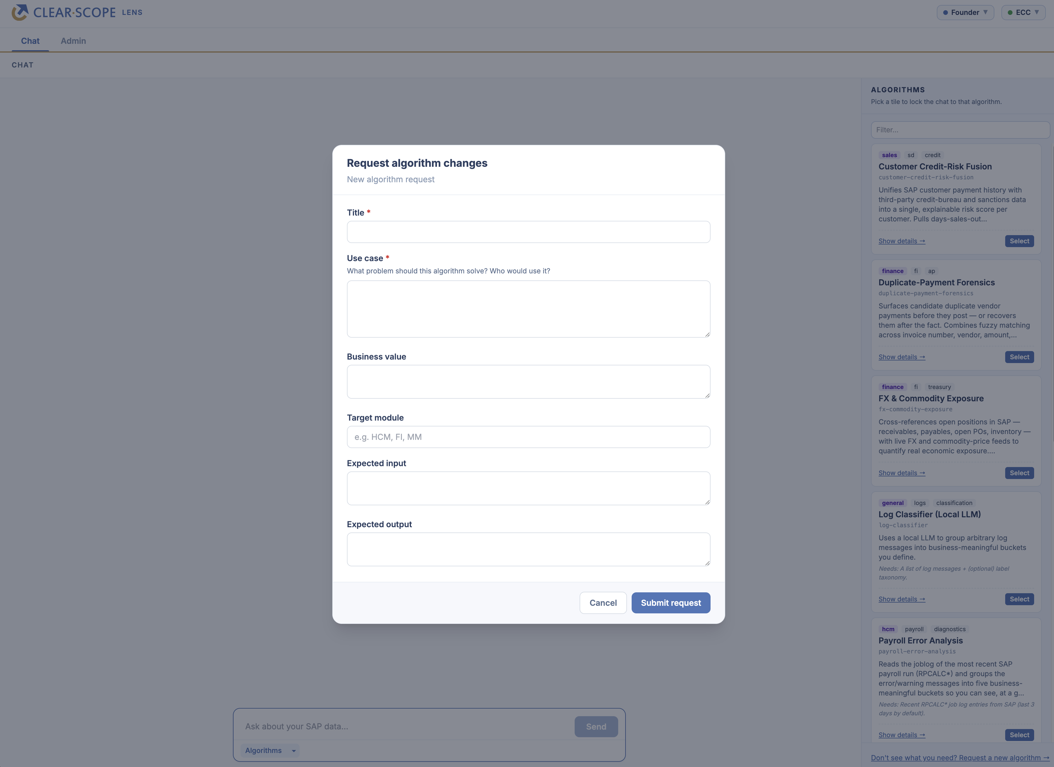 In-app form for requesting a new ClearScope Lens algorithm — title, use case, business value, target module, expected input and output